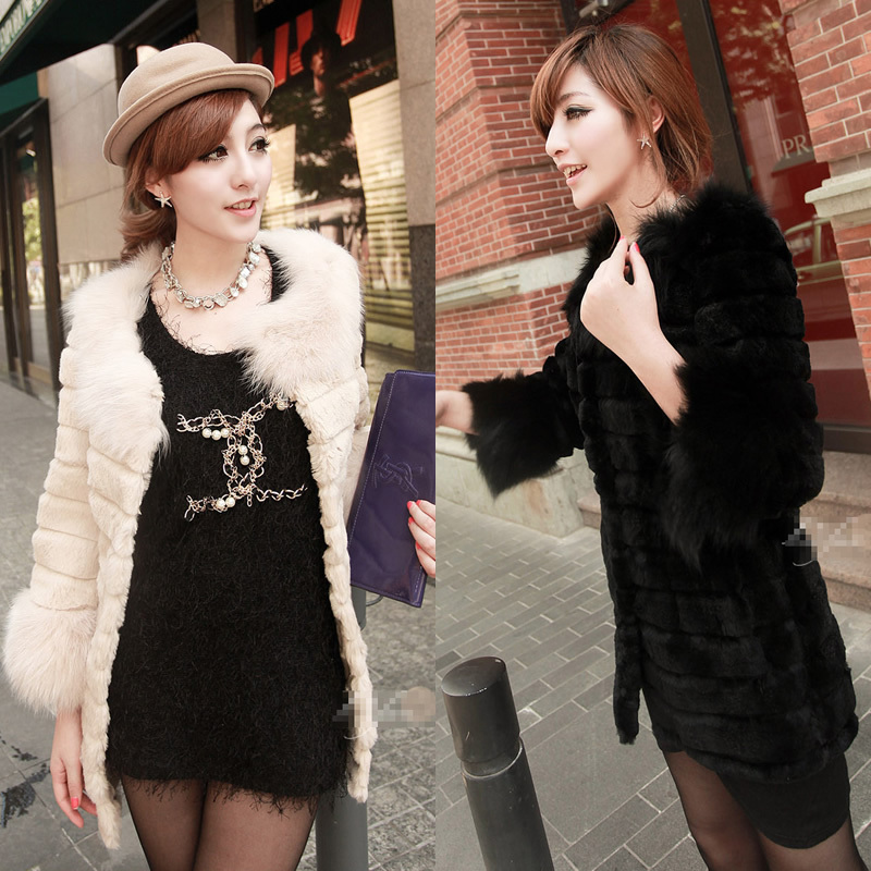 2012 women's fox fur patchwork rabbit fur stripe medium-long fur coat