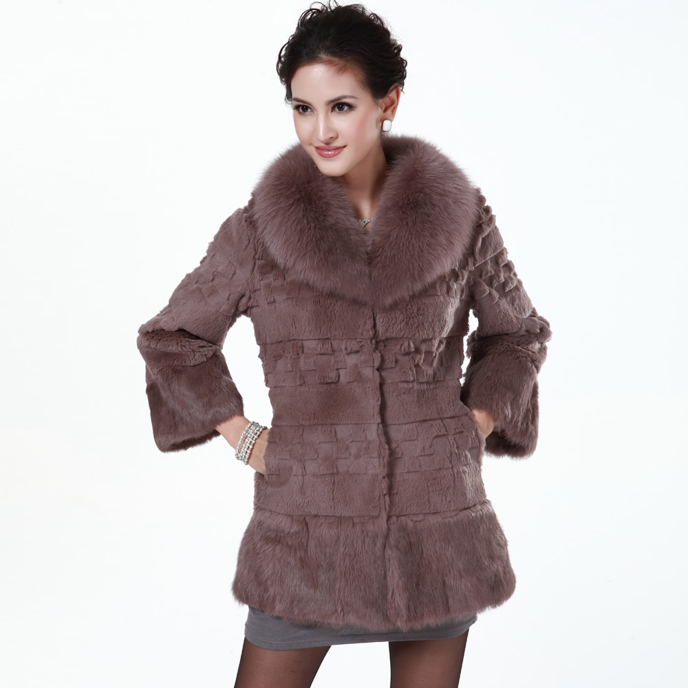 2012 women's full leather rabbit fur overcoat fox fur neck medium-long free shipping warm fashion fur winter coat