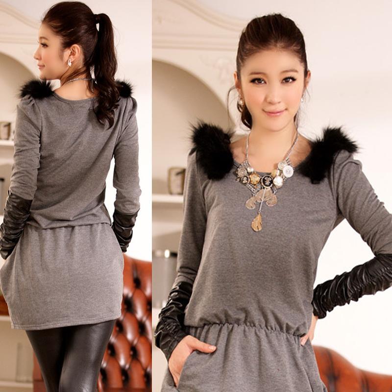 2012 Women's Fur Collar All-Match Leather Long-Sleeve Elastic Waist Casual One-Piece Dress   W311