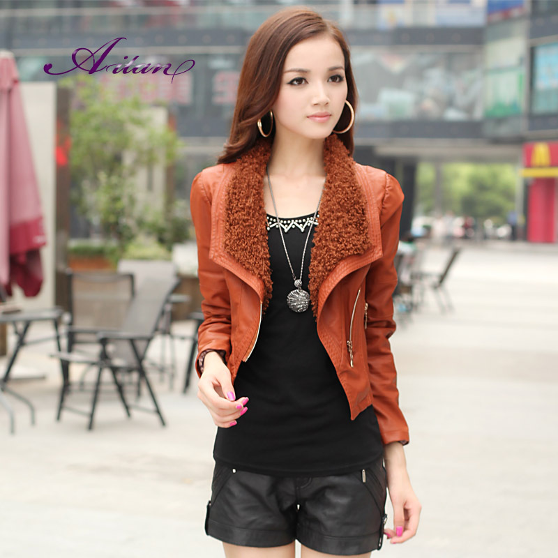 2012 women's fur collar women short design leather coat localize all-match leather coat