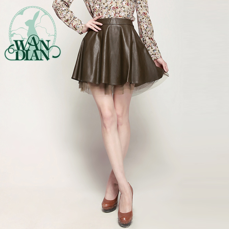 2012 women's gauze patchwork leather puff skirt short skirt bust skirt 1113198