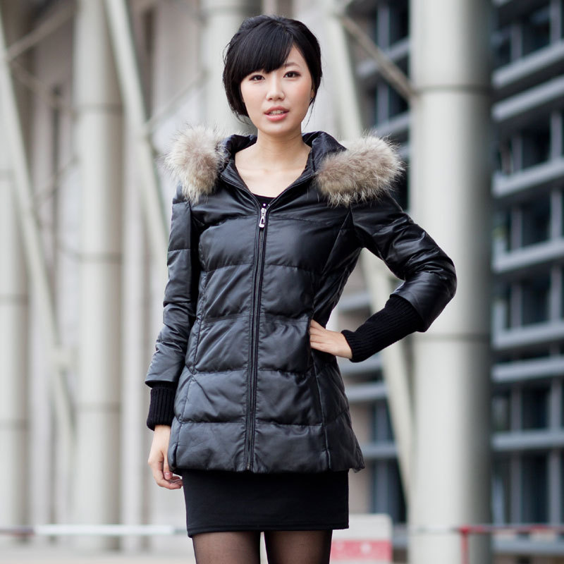 2012 women's genuine leather clothing raccoon fur medium-long down hooded sheepskin clothes outerwear