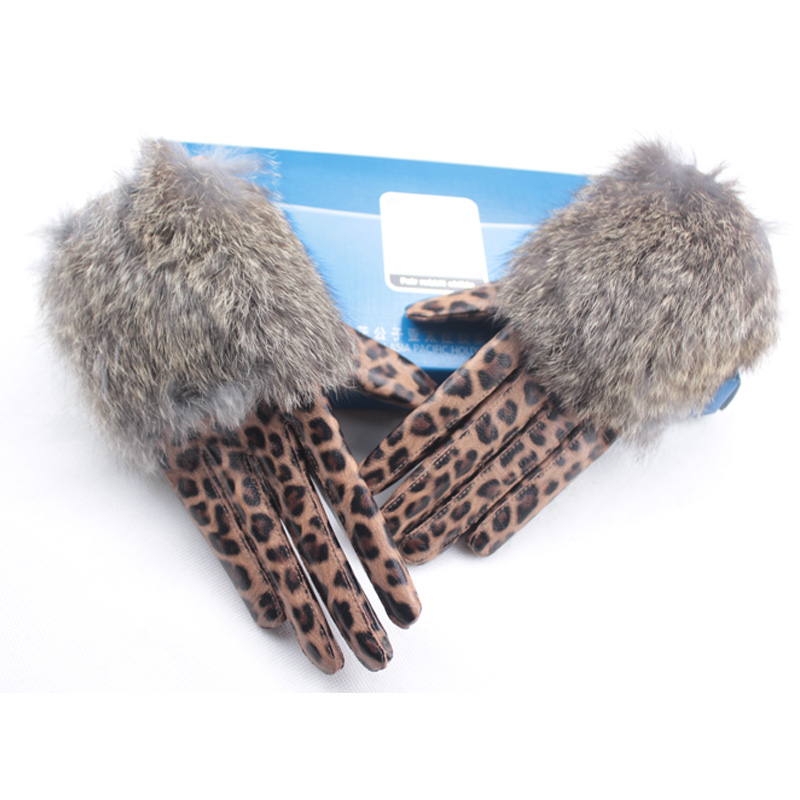2012 women's genuine leather gloves rex rabbit hair plus velvet thermal winter sheepskin women's leopard print thickening gloves