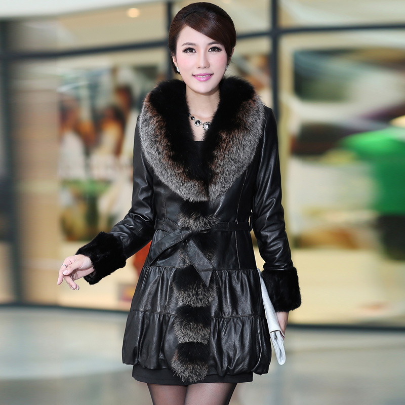 2012 women's genuine leather mink fox fur leather coat fur