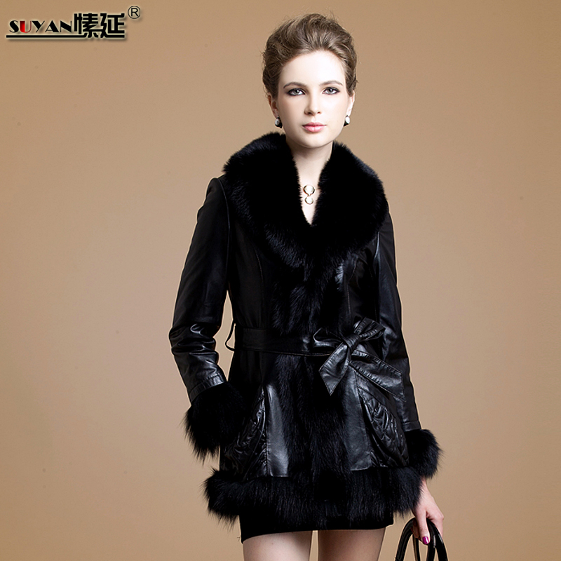 2012 women's genuine leather mink fox fur leather coat fur