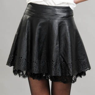 2012 women's genuine leather skirt sheepskin bust skirt lace cutout laciness leather short skirt