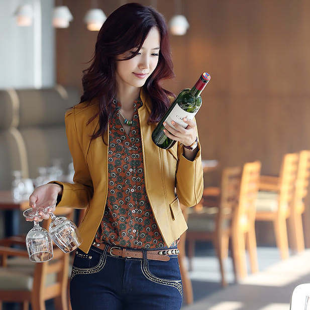 2012 women's handsome long-sleeve slim paragraph in the motorcycle leather clothing short jacket multicolor