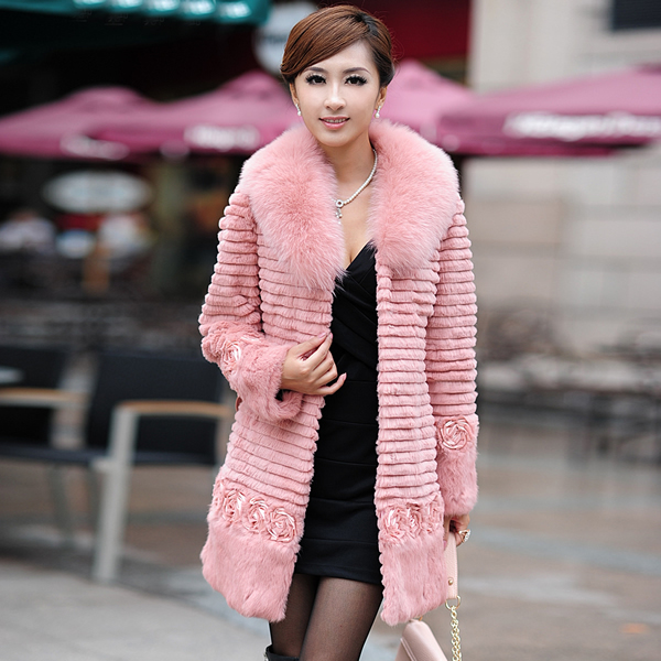 2012 women's high quality rabbit fur long design winter fur overcoat with fox fur collar