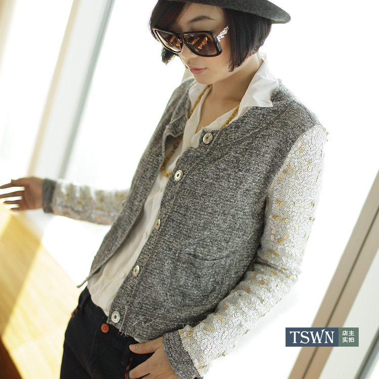2012 women's ing handmade paillette grey colorant match cotton-padded coat