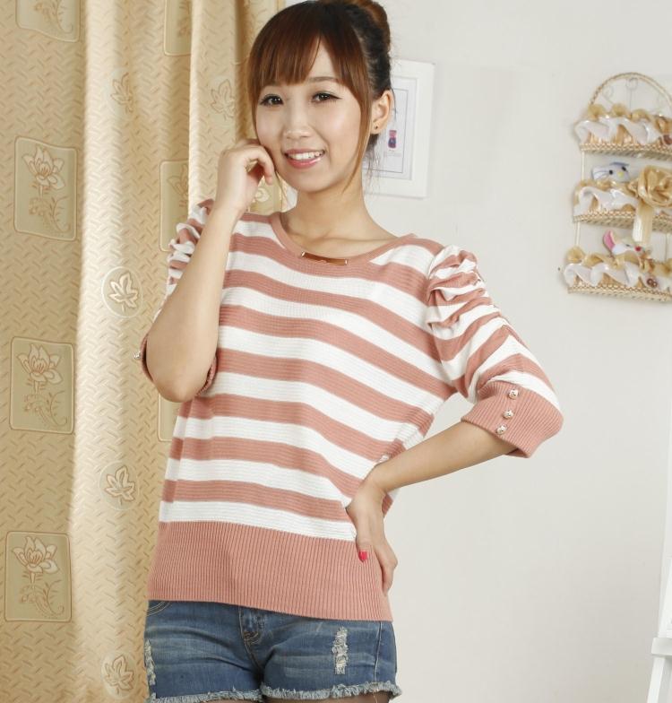 2012 women's kaross stripe batwing shirt cape puff sleeve o-neck loose sweater outerwear