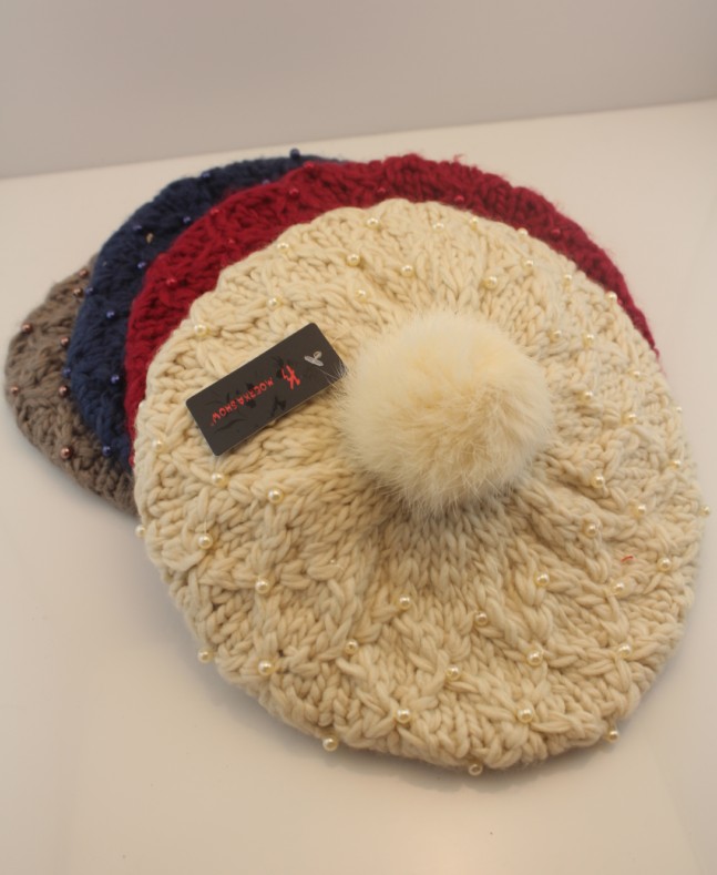 2012 women's knitted hat autumn and winter rabbit fur large sphere beret paragraph pearl
