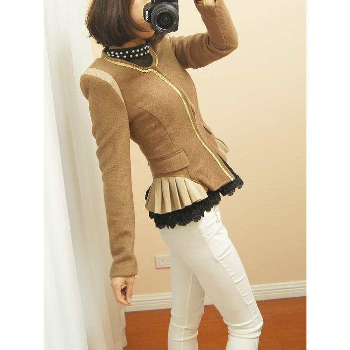 2012 women's knitted popper water washed leather patchwork slim woolen short jacket