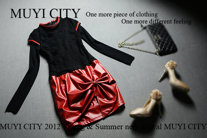 2012 women's lace leather patchwork slim hip slim one-piece dress b1517