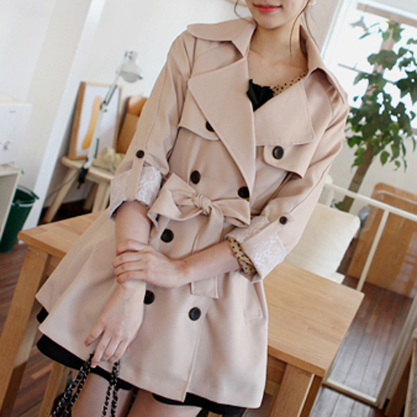 2012 women's lace sleeve double breasted medium-long trench outerwear bow waist loose