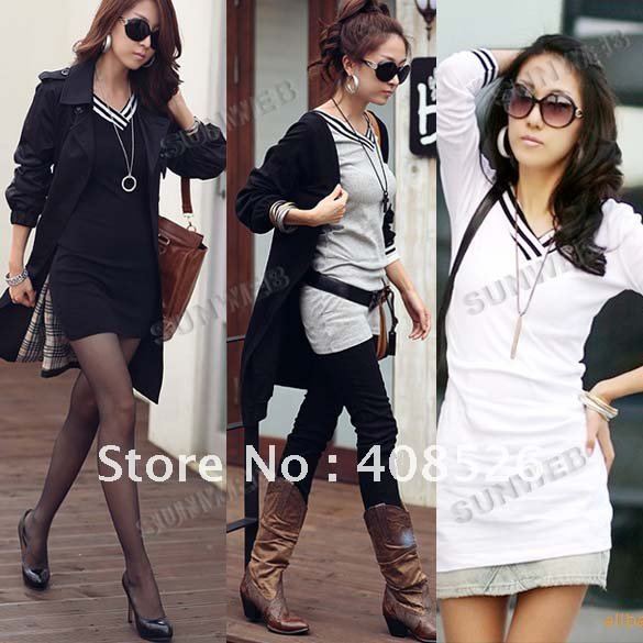 2012 Women's Lady Casual Long Sleeve V-Neck Cotton T-Shirt Mini Dress free shopping 3427