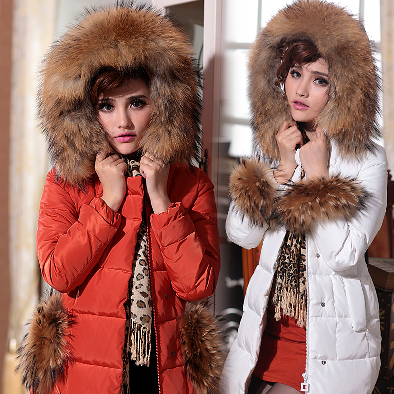 2012 women's large fur collar slim thickening medium-long down coat