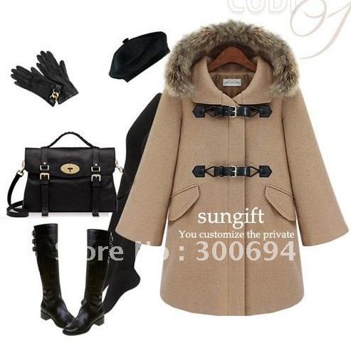2012 women's leather buckle on hooded mournings fur collar wool coat flare sleeve wrist-length sleeve women's outerwear female