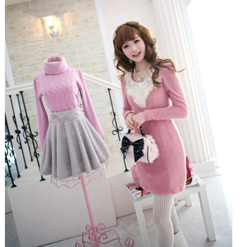 2012 women's leather cape hare wool patchwork lace collar long-sleeve dress ede5243