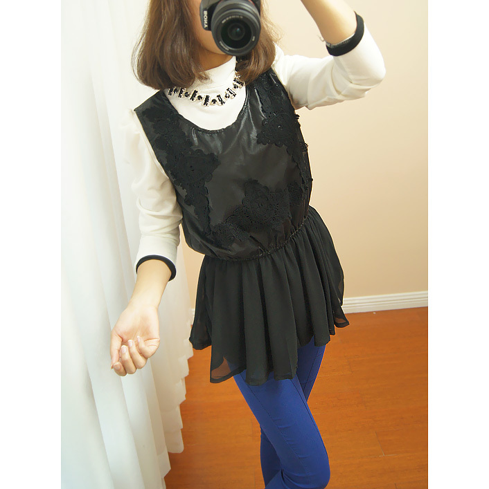2012 women's leather chiffon lace patchwork crotch lace decoration aesthetic elegant small tank dress