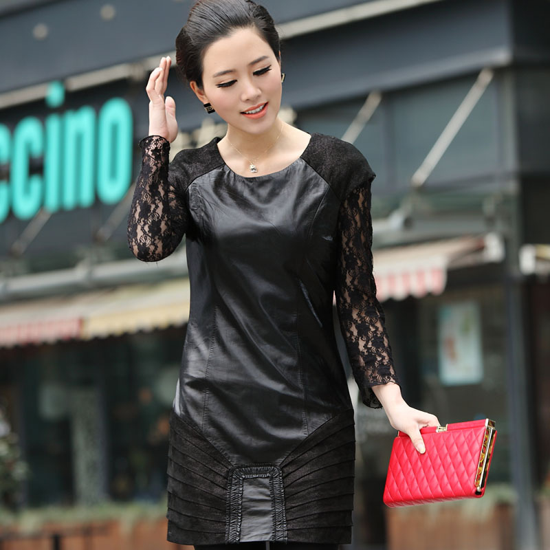 2012 women's leather clothing medium-long slim women's genuine leather one-piece dress women's leather skirt free shipping