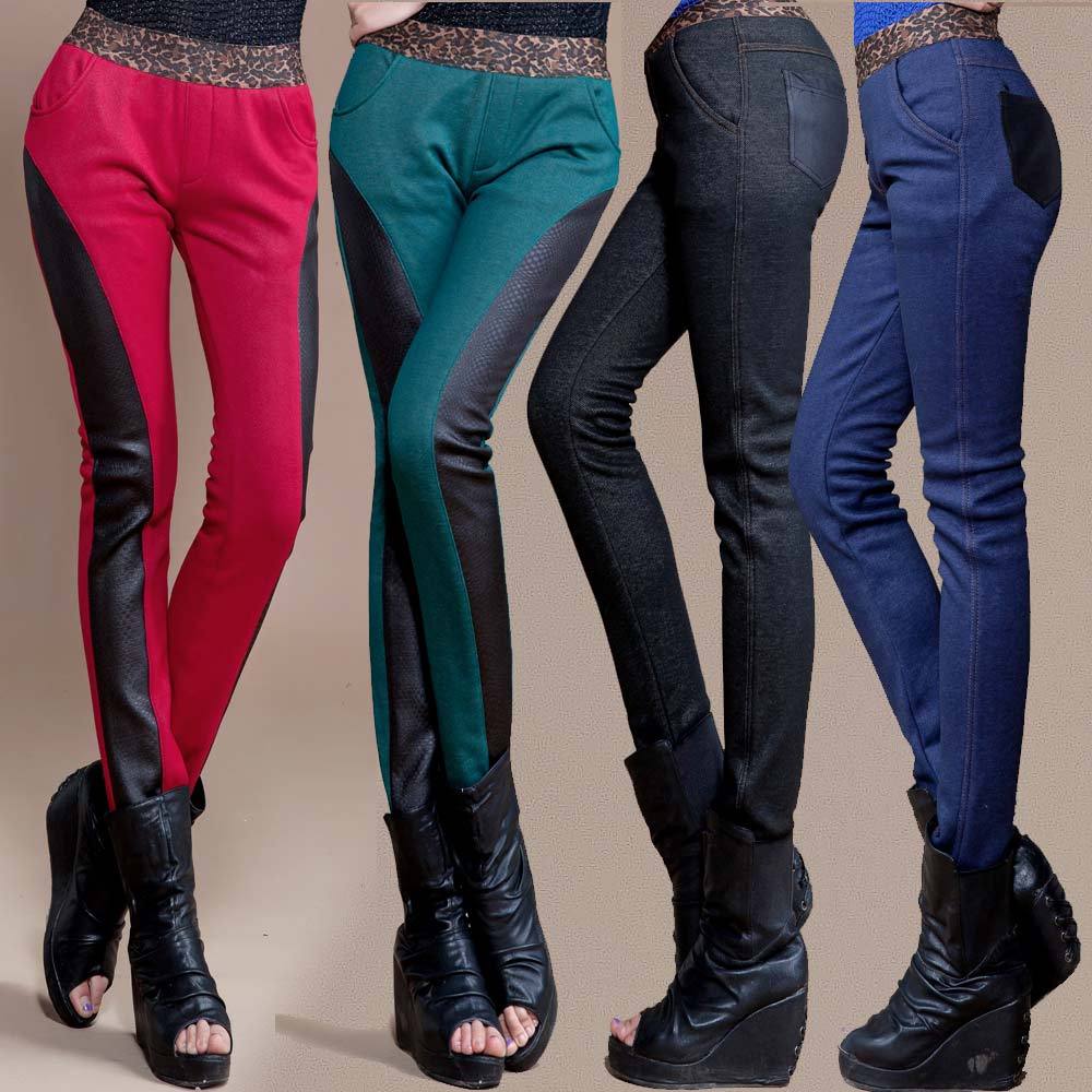2012 women's leather pants boot cut jeans pencil pants patchwork plus size thickening legging