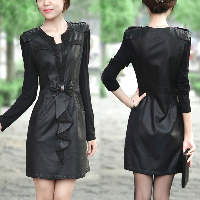 2012 women's leather skirt slim hip PU patchwork slim plus size long-sleeve one-piece dress basic skirt