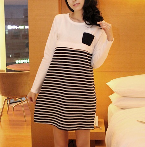 2012 women's maternity clothing o-neck stripe pocket long design long-sleeve T-shirt 001