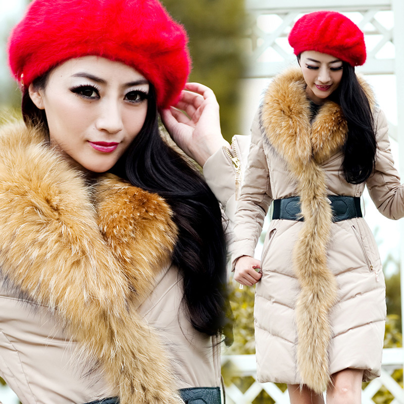 2012 women's medium-long luxury raccoon fur slim belt down coat down coat