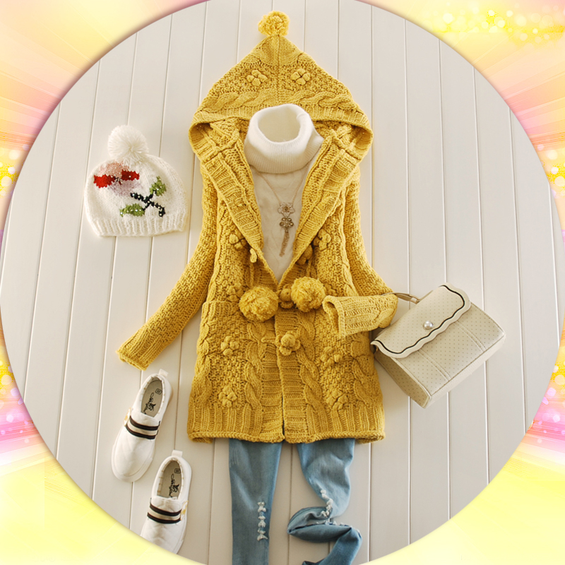 2012 women's medium-long sweater outerwear Women handmade with a hood sweater cardigan