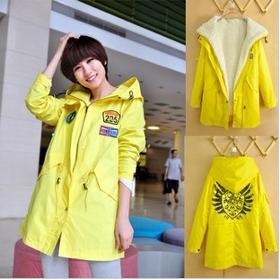 2012 women's military cartoon drawstring hooded trench outerwear detachable wool liner