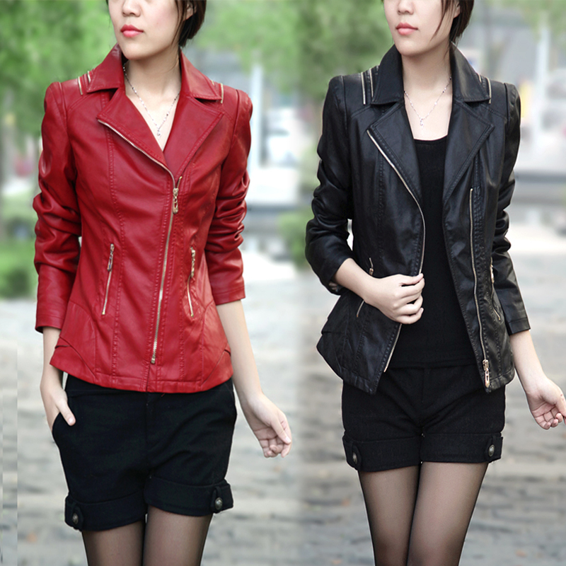 2012 women's motorcycle leather clothing female short design slim women's zipper plus size PU outerwear plus cotton jacket