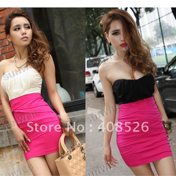 2012 Women's New Fashion Sexy Strapless Mix Colors Mini milk silk + Chiffon Dress free shipping 5582