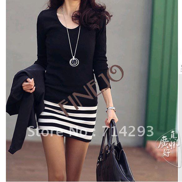 2012 women's new Korean ladies large size fashion Slim striped dress free shipping 3691