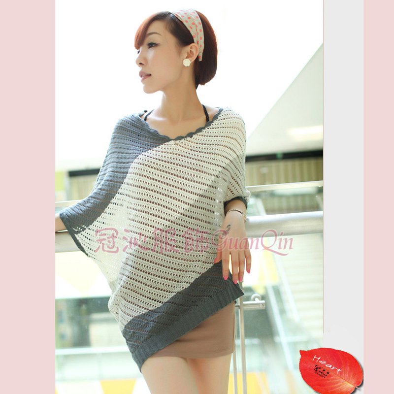 2012 women's oblique stripe cutout loose plus size batwing sleeve sweater