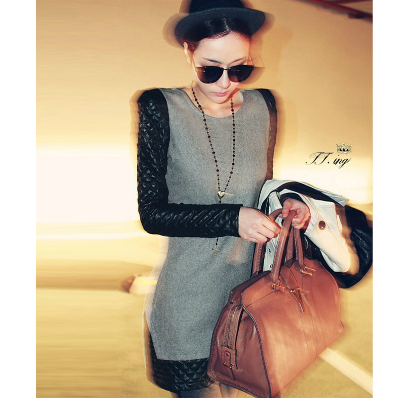 2012 women's one-piece dress plaid leather woolen slim one-piece dress outerwear female