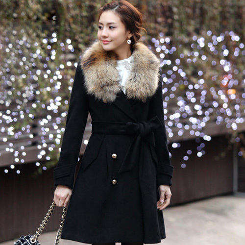 2012 women's outerwear large fur collar slim trench medium-long wool coat female thickening