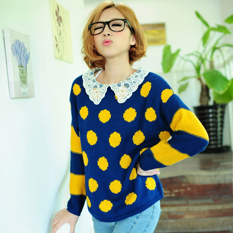 2012 women's outerwear loose lace wadded jacket polka dot o-neck sweater
