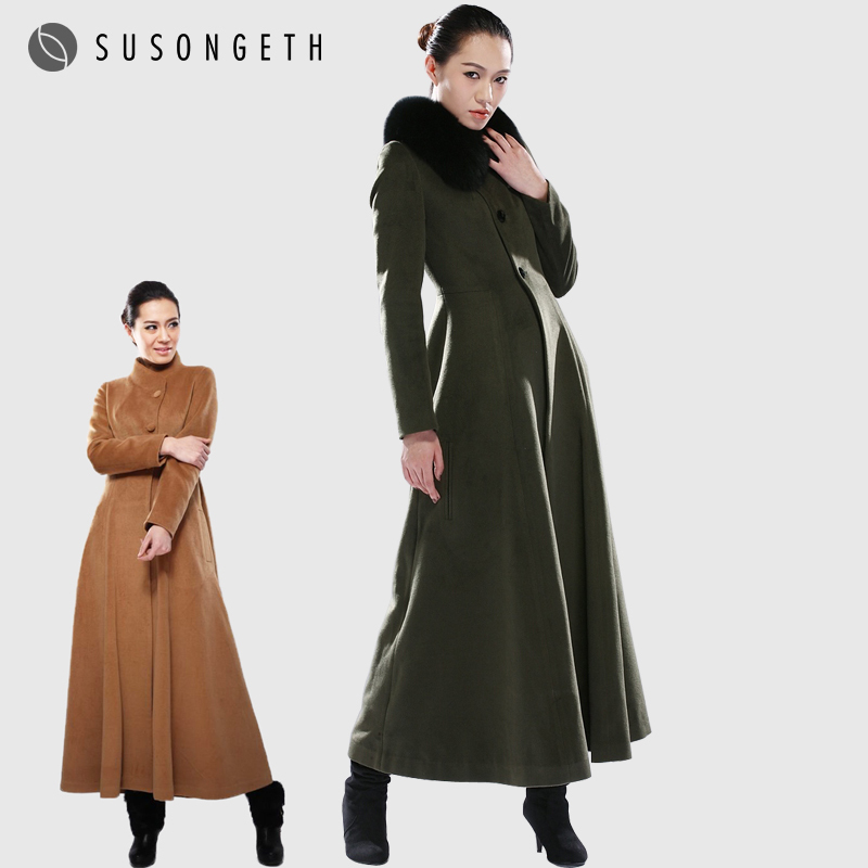 2012 women's overcoat woolen cashmere fox fur outerwear ultra long trench fy-017