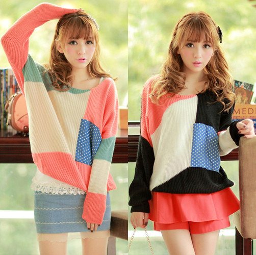 2012 women's pattern fabric pocket color block 2 sweater