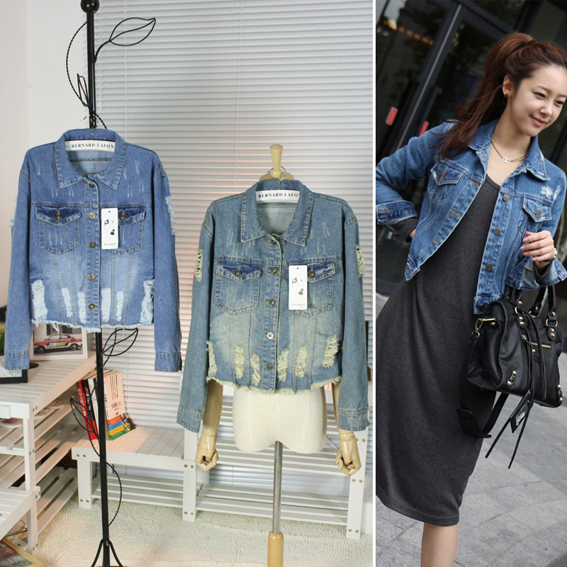 2012 women's personalized all-match water wash retro finishing hole turn-down collar short design denim outerwear 1203