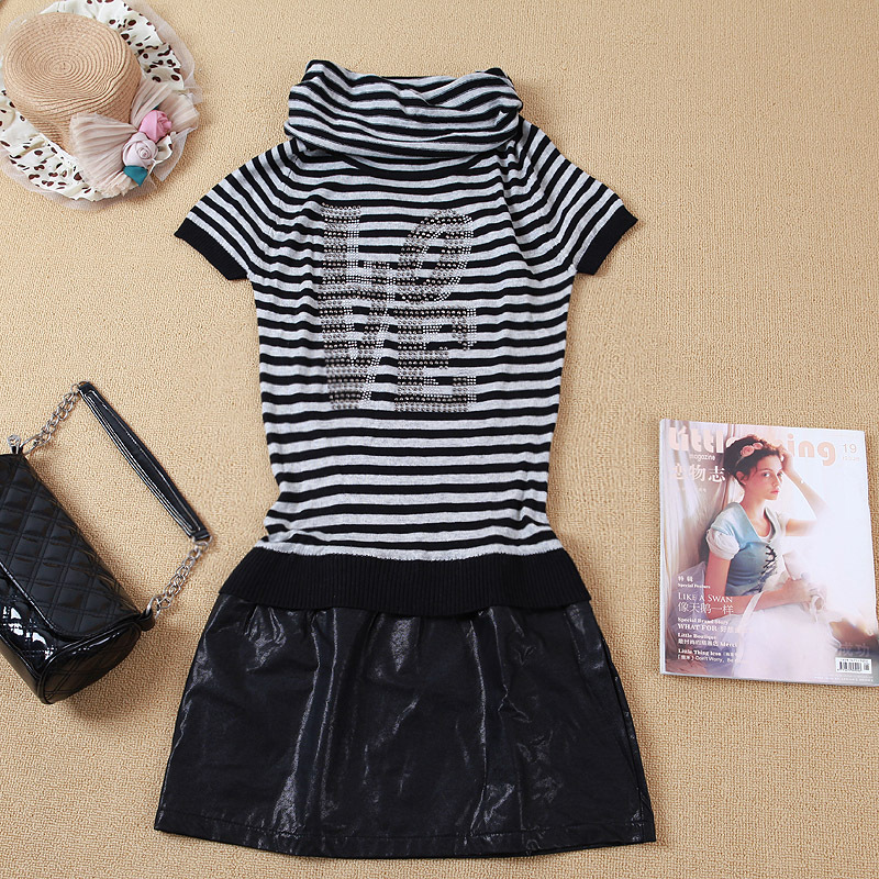 2012 women's plus size autumn slim stripe patchwork one-piece dress heap turtleneck leather skirt 1002