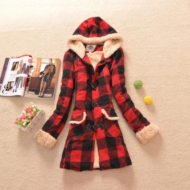 2012 women's preppy style plaid horn button with a hood plus velvet thermal overcoat outerwear - 1.2