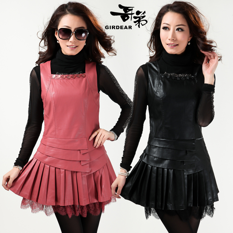 2012 women's PU skirt one-piece dress spring and autumn fashion elegant lace women's vest leather skirt