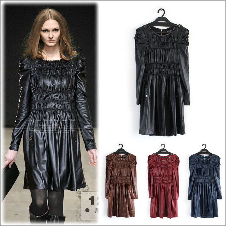 2012 women's PU water washed leather skirt slim leather clothing leather one-piece dress