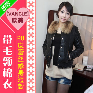 2012 women's PU wool collar lace decoration slim short design wadded jacket cotton-padded jacket w409p190