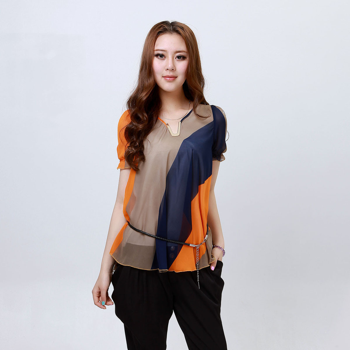 2012 women's puff sleeve top plus size short-sleeve chiffon shirt/Ladies Fashion blouses(M-XXL)-Free shipping