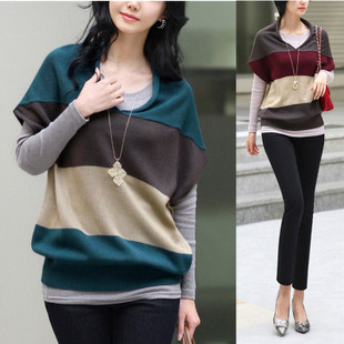 2012 women's pullover sweet V-neck Kells stripe batwing shirt loose plus size knitted outerwear vest cardigan women