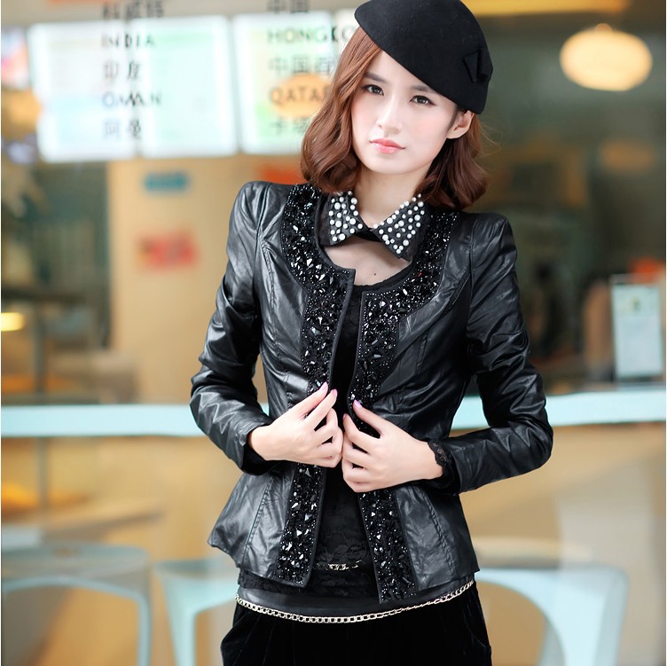 2012 women's quality diamond PU long-sleeve slim leather motorcycle short jacket leather clothing suit