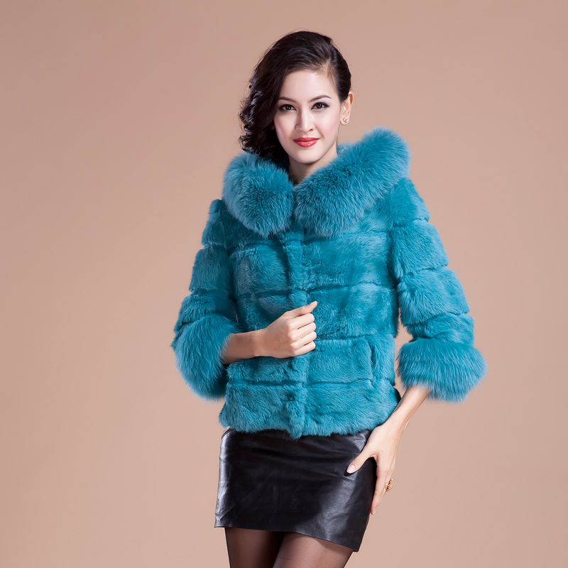 2012 women's rabbit fur coat muti color for choose sweety fox fur neck with a hood three quarter short winter coat free ship