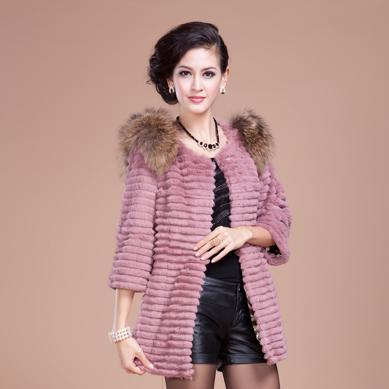 2012 women's rabbit fur full leather  coat medium-long fur outer wear with regular sleeve